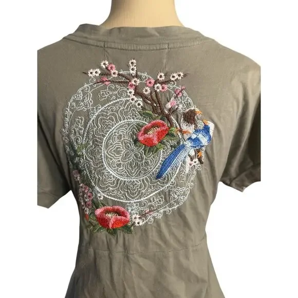 Women M Johnny Was JWLA V-Neck Embroidered Floral Bird Green Cotton Tunic Dress - Picture 6 of 8